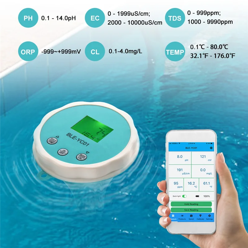 

A96I-6 In 1 Water Quality Detector PH EC TDS ORP Temperature Chlorine APP Display Swimming Pool Bluetooth Water Quality Teste