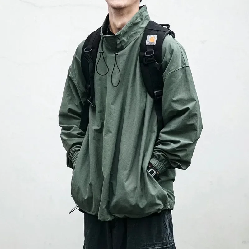 Japanese Vintage Workwear Hooded Jacket For Men Loose Fit Trendy Pullover Clerical Top Casual Scene Spring Autumn Season