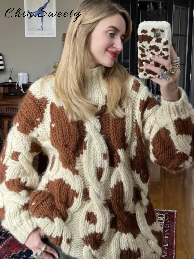 

Chic Women's Knit Contrast Cow Patterned Pullover Loose O-neck Full Sleeve Sweater 2025 Autumn Lady Commute All-match Knitwear