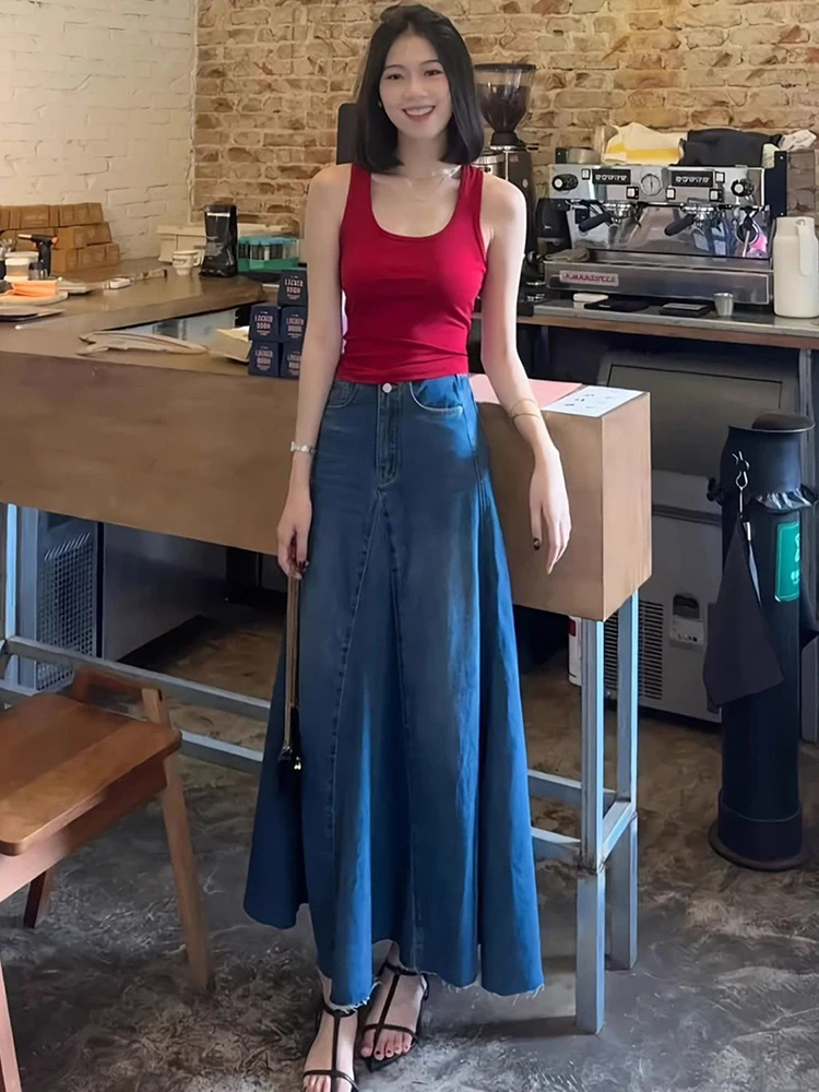 

Американская джинсовая юбка в стиле ретро для женщин, модные повседневные длинные юбки с высокой талией, новинка 2023 года, универсальное полуплатье трапециевидной формы для поездок на работу