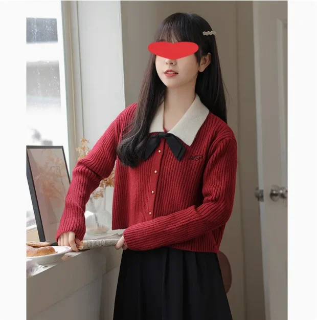 2024 New Spring-Autumn Tweed Style Women's Knitted Top Polo Collar Color Blocking Lapel Cropped Sweater Cardigan