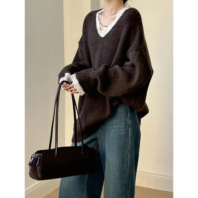 

Lace Trim Warm Sweater for Women V Neck Long Sleeve Winter Loose Soft Top Knit Sweater