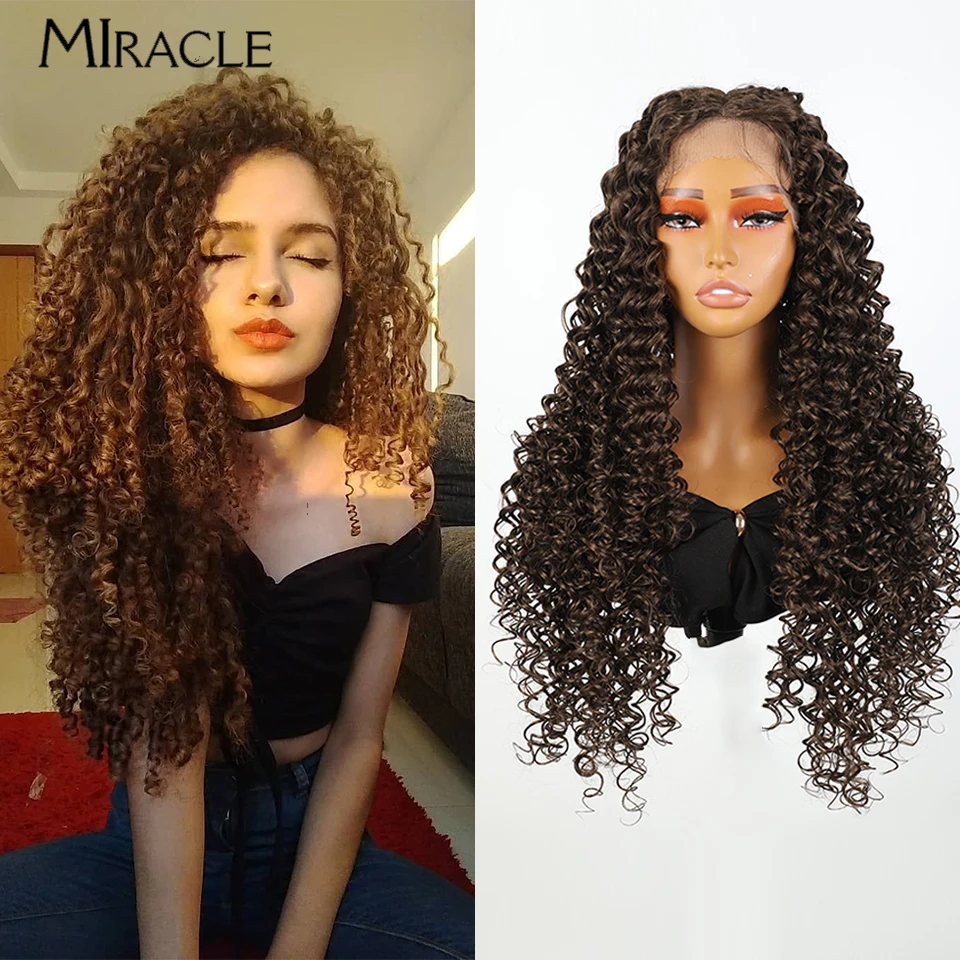 MILAGRE-peruca dianteira do laço sintético para mulheres, 22 '', 26'', 30 '', cabelo fibra, marrom, loiro, fêmea, Afro, Kinky, encaracolado