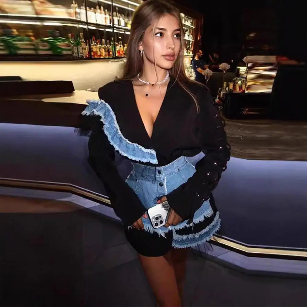 

Faionable Slim Fit Джинсовый лоскутный костюм с завязкой на талии Jaet Street Sle Женская рабочая одежда Длинный цвет све