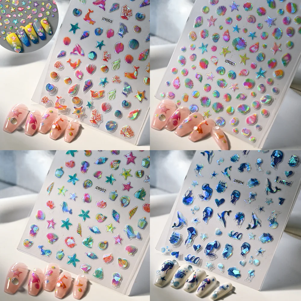 

1pcs Sea Life Starfish Shell holographic Laser Nail sticker Dolphin Blue Whale Aurora Nail Slider Nail Art Decal Manicure charm