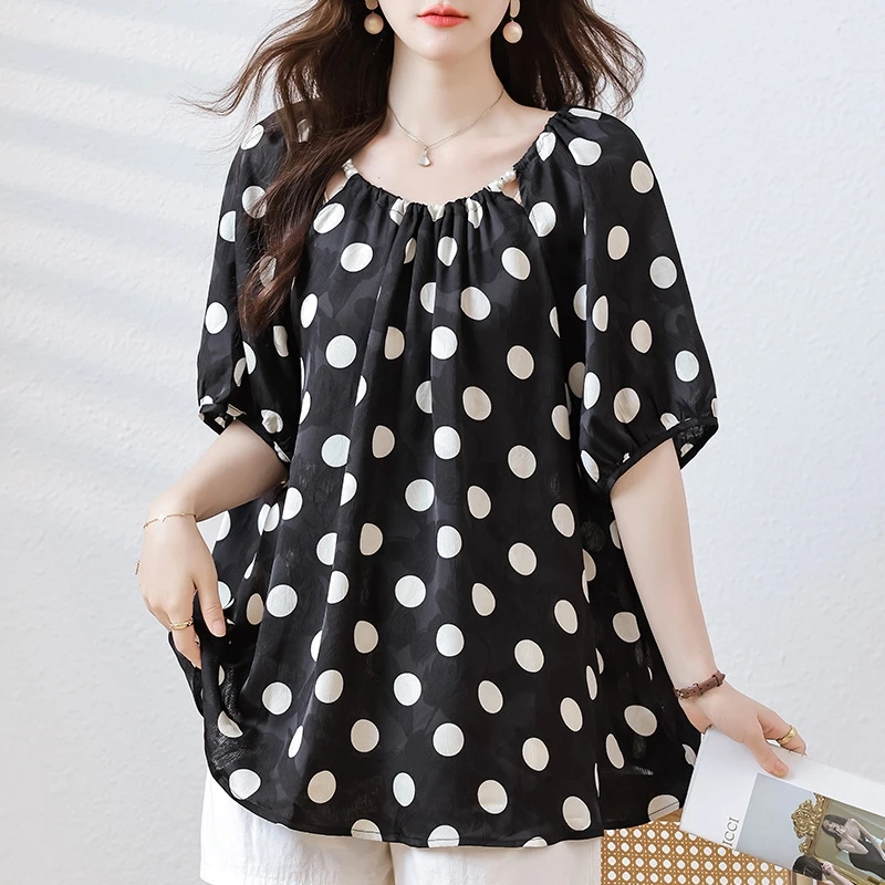 

Elegant Polka Dot Chiffon Blouse Women Summer New Arrival Plus Size Black Short Sleeve Tops European Style Fashion