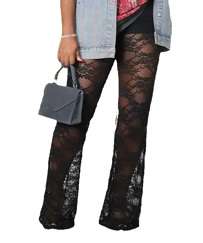 

Women's Fashion Sexy Pants New Casual Elastic Waist Lace Overlay Trousers High Waist Sexy Flared Pants with Built-In Shorts