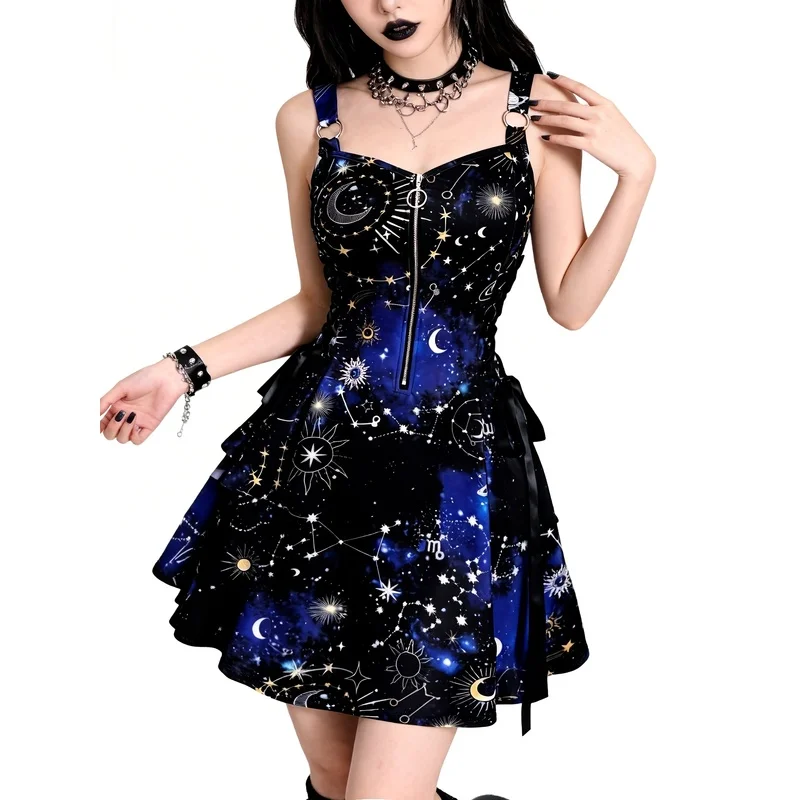 Gothic Style Women'S , Colorful Starry Sleeveless Dress, Print, Metal Zipper Opening, Wide Strap Waist Desig