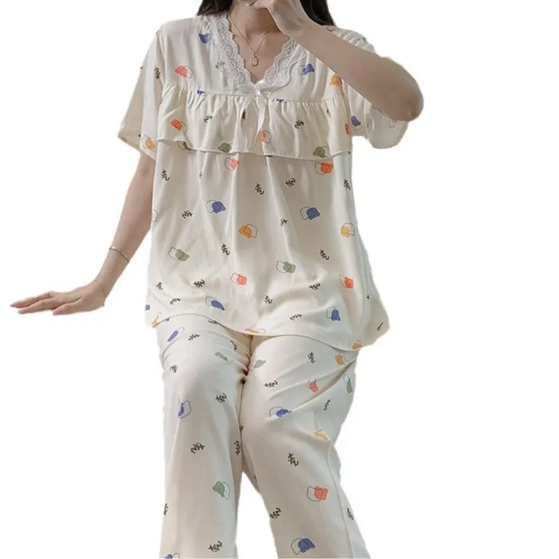 

Adult Sweet V-neck Pajamas Short Sleeve Long Pants Two-piece Set Thin Print Sleepwear Cotton Silk Home Fury Clothing for Women