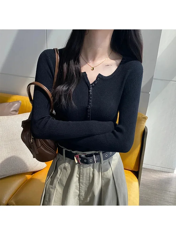قميص محبوك نحيل مرن بأكمام طويلة بلوفر نسائي سترة علوية للربيع والخريف قمصان نسائية ضيقة متماسكة قاع تريكو