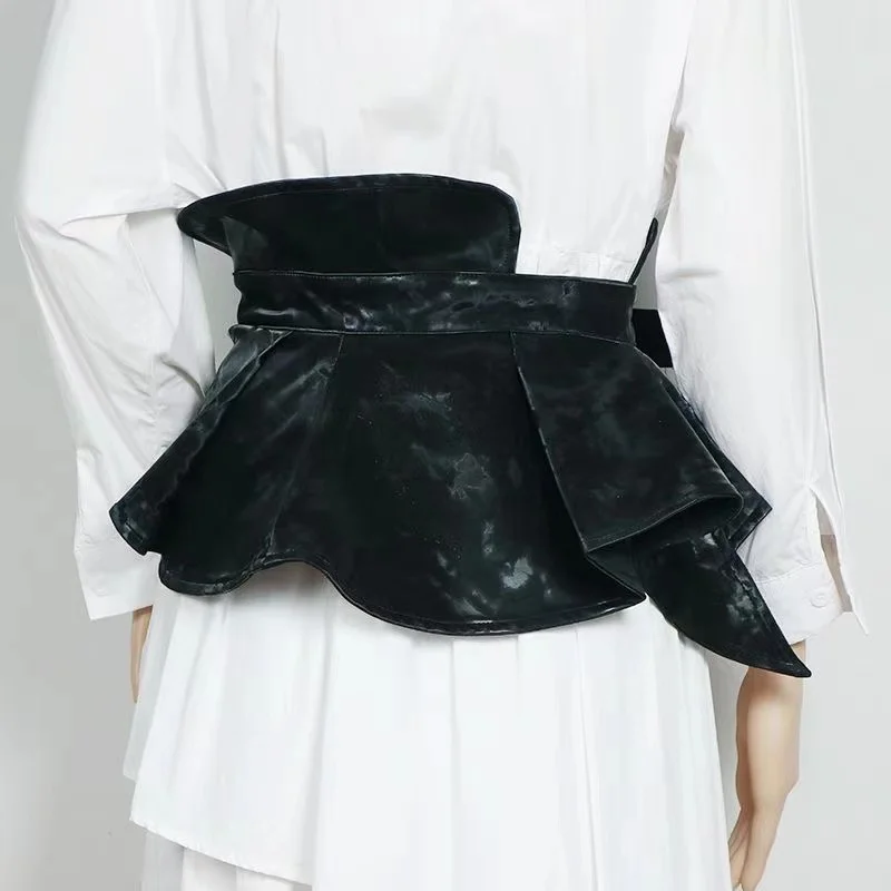 Pleated wide belt niche punk irregular street ruffle waist belt female decoration dark outer wear waist with wide belt black