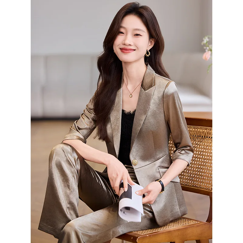 

Acetate satin suit set for women, new spring/summer fashion, elegant goddess style, thin three-quarter sleeve blazer
