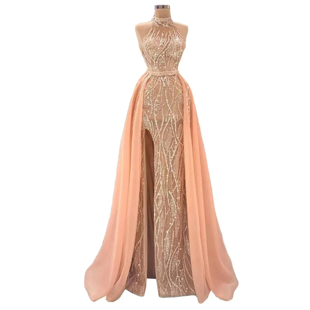 Customized A-line Evening Dresses Floor-length High-neck Full Sleeve Prom Gown Fashion Crystal Sequined Simple Draped Party Gown