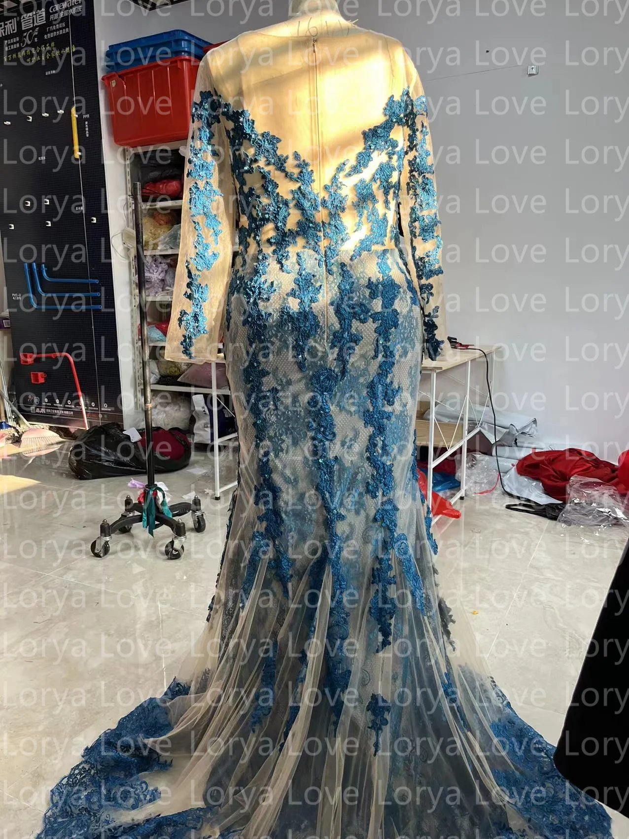 Turquoise Lace Avondjurken 2022 Formele Lange Mouwen Illusion Formele Prom Jassen Dubai Mermaid Robe De Soiree