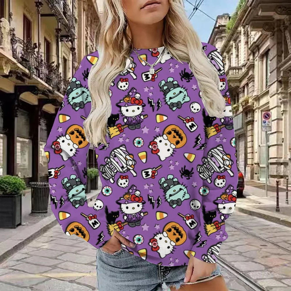 سويت شيرت نسائي منقوش عليه Hello Kitty، بلوفر مريح بأكمام طويلة، تصميم كرتوني برقبة دائرية، نمط كاجوال للخريف أ #6