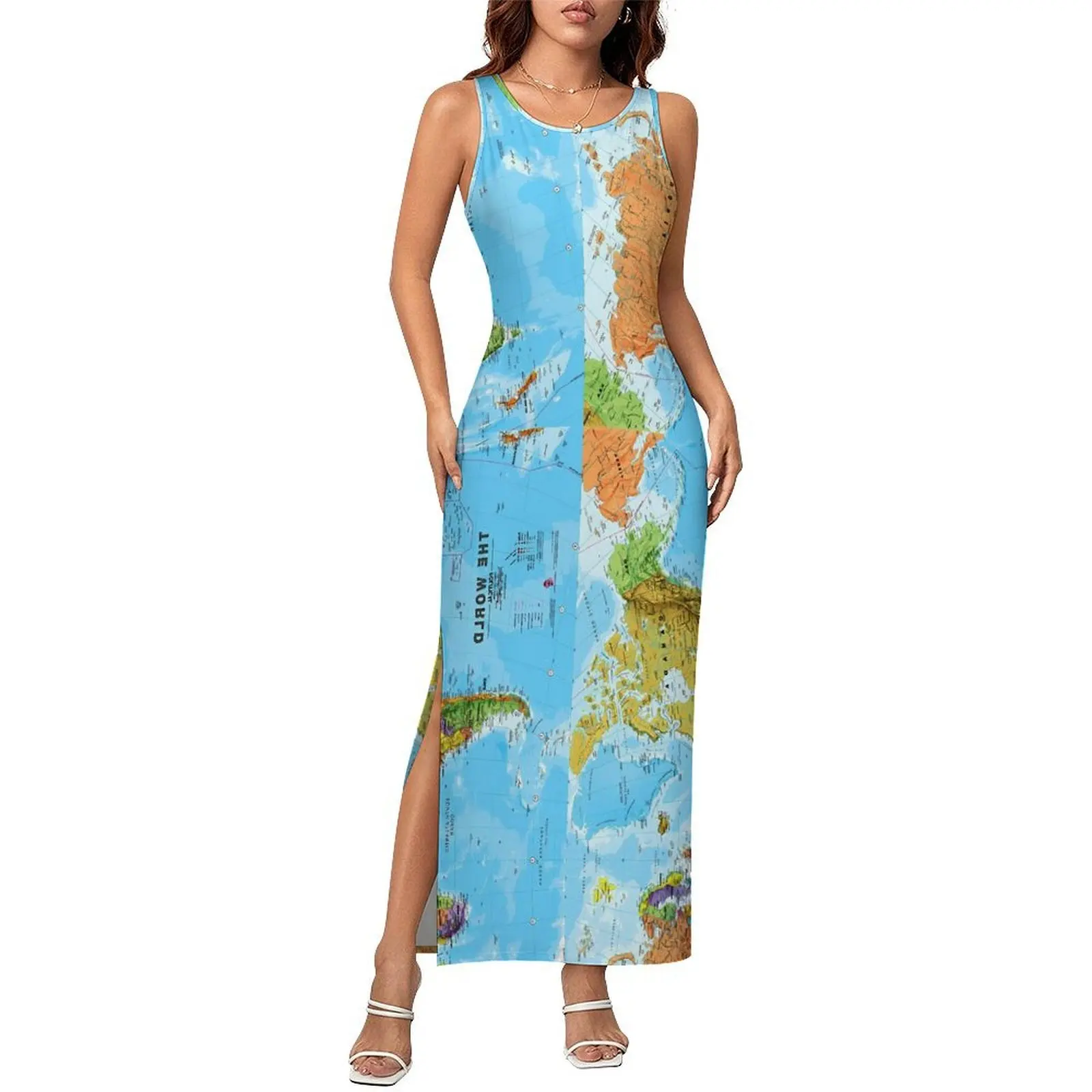 World Map Bodycon Dress Spring Vintage Print Vintage Maxi Dresses Women Sleeveless Custom DIY Y2K Fashion Dress Big Size 3XL 4XL