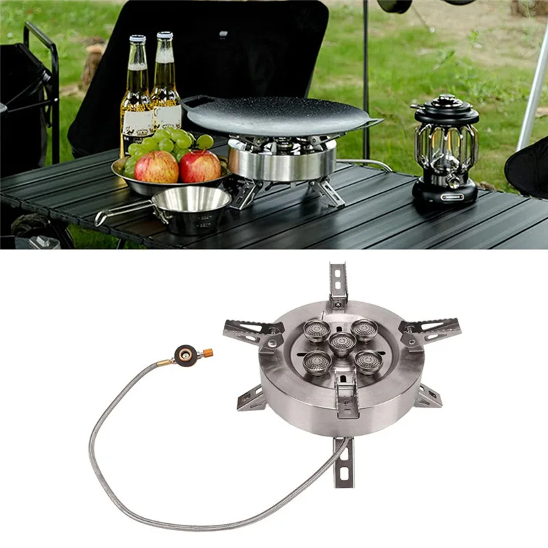 Kempingowa kuchenka gazowa o mocy 12800 W, składana, przenośna, wiatroszczelna kuchenka kempingowa z 5 głowicami