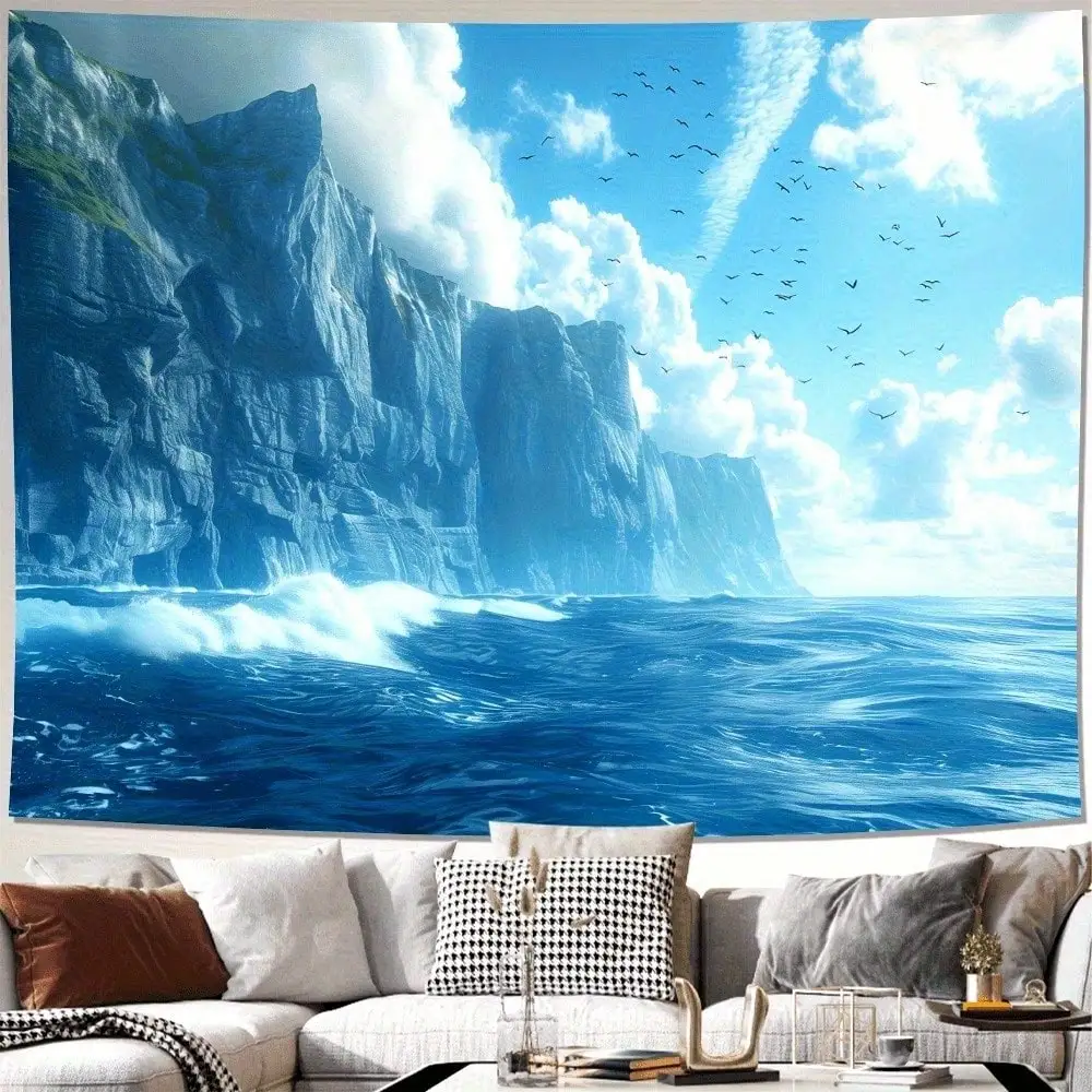 1pc Ocean Tapestry Cliff Seascape Wall Hanging Nature Landscape for Living Room Bedroom Decor Back-to-school season Autumn gifts