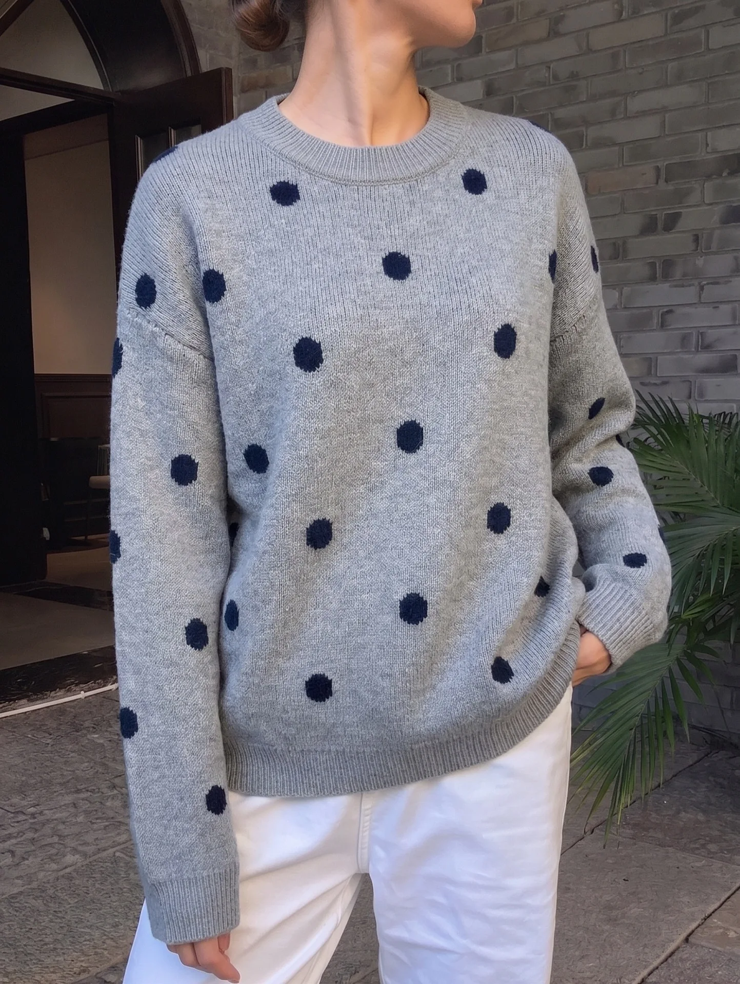 

Women Round Neck Pullover Lantern Long Sleeve Sweater Woman Clothes Autumn Winter Fashion Polka Dot Pattern Knitted Sweaters
