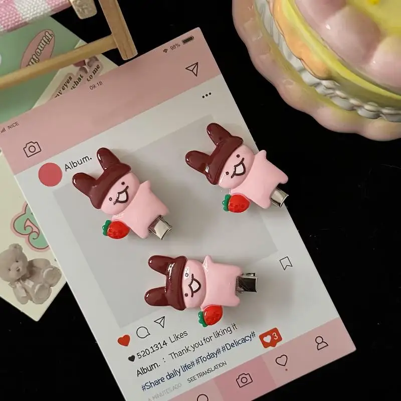 【IIOO】2Pcs/set Strawberry Chocolate Rabbit Hair Clips Cartoon Plastic Hair Accessories Daily & Party Wear