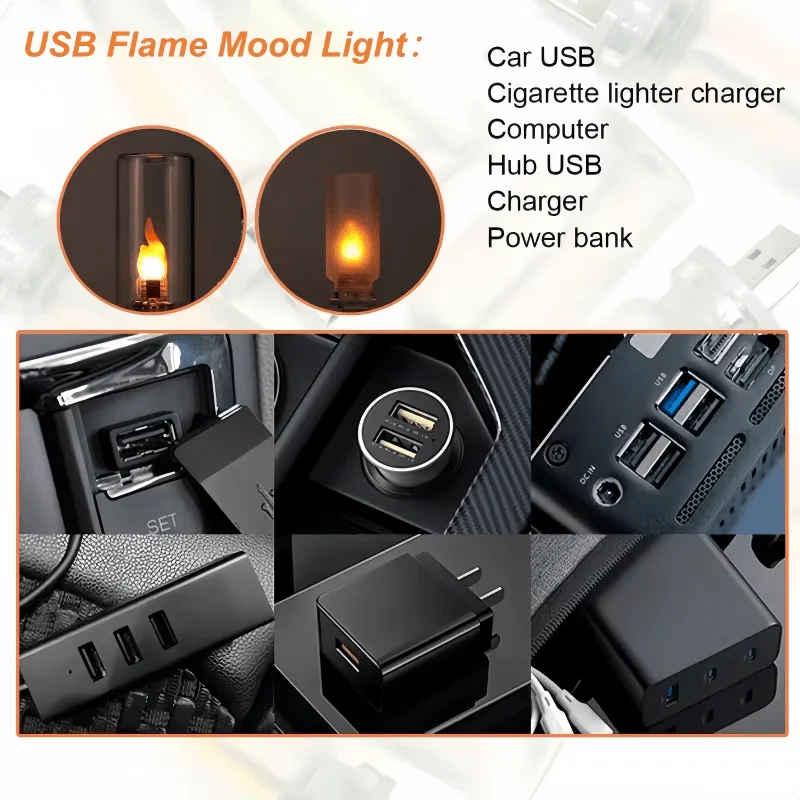 Luz Noturna USB LED Tipo Chama com Vidro Fosco Transparente, Luz Dinâmica Cintilante para Iluminação de Ambiente em Carros e Lâmpada para Casa