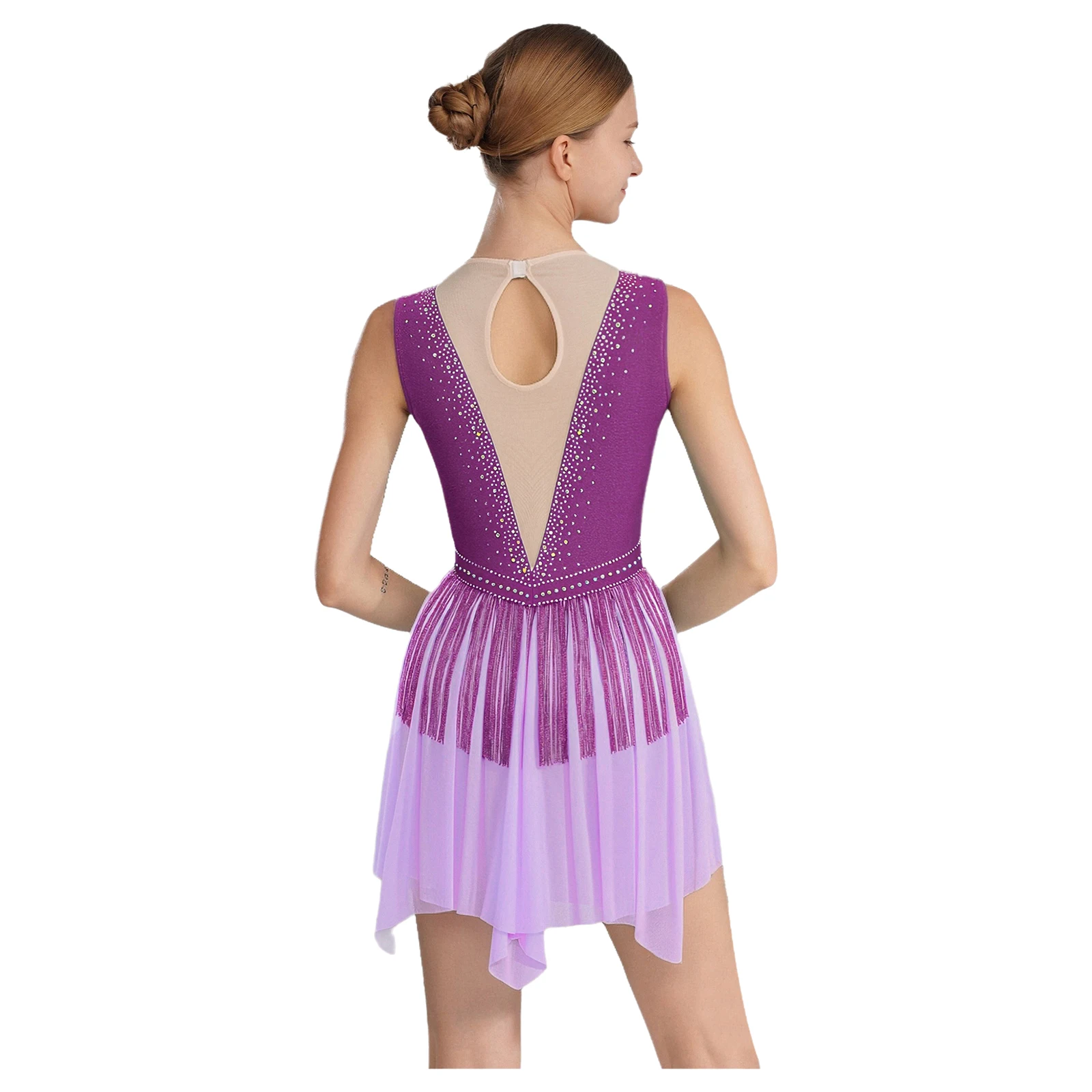 Womens Figure Skating Dress Rhinestones Tassel Sleeveless Contrast Color Mesh Leotard Dress Ballet Latin Rhythmic Dance Dresses