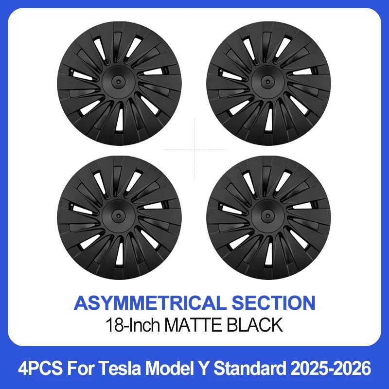 4er-Set asymmetrische 18-Zoll-Radkappen in Mattschwarz für Tesla Model Y Juniper Standard 2025-2026 – Ersatz-Zubehör für die Felgenkappe