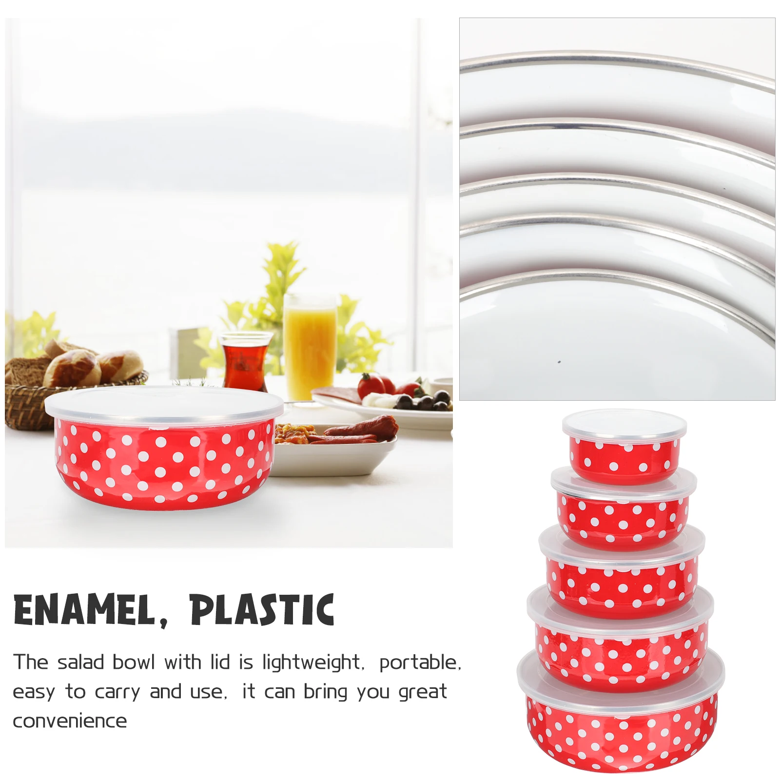 

5 Pcs Enamel Covered Bowls Instant Noodle Salad Fruit Food Containers Fresh Keeping Bowls Egg Mixing Storage Kitchen Supplies