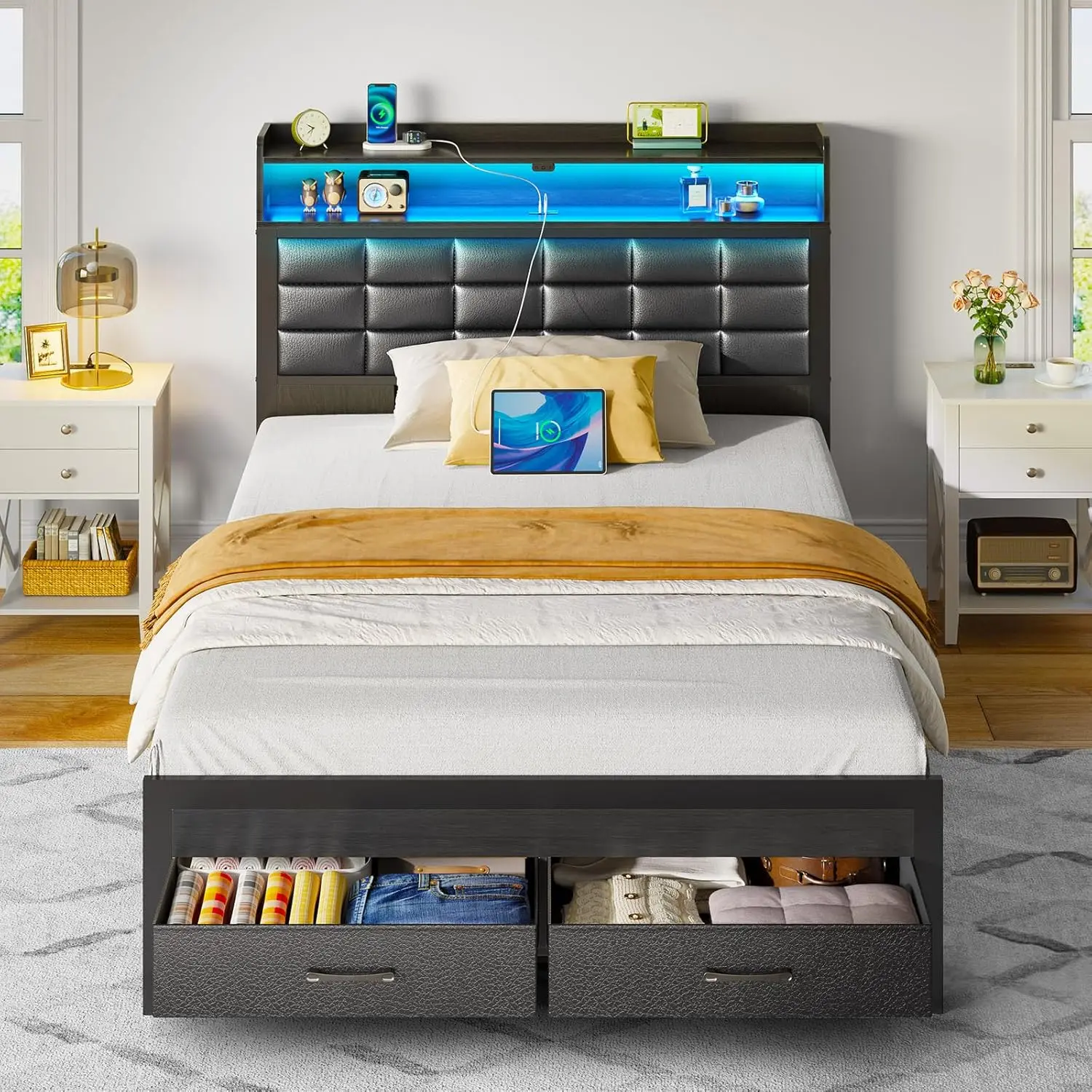 Cama Twin Size Moldura com Arrumação Cabeceira, 2 Gavetas, Plataforma Estofada, Cama com Estação de Carregamento e Luz LED, Preto