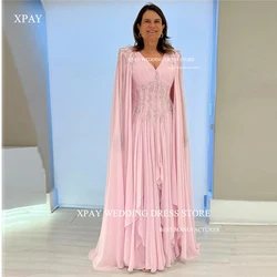 XPAY Pink Elegant Mother Of Bride Dresses Formal Evening Gowns Beads Crystal Long Cape Chiffon Sleeves Prom Dress Plus Size