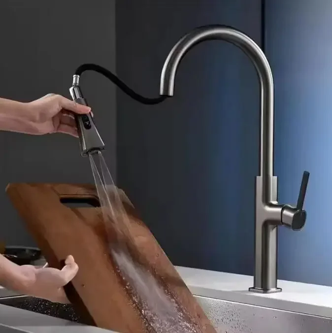 005 New Trend Deck Mount Hot and Cold Gun Gray Single Hole Handle Pull Down Gourmet Kitchen Sink Faucet with pull out Sprayer