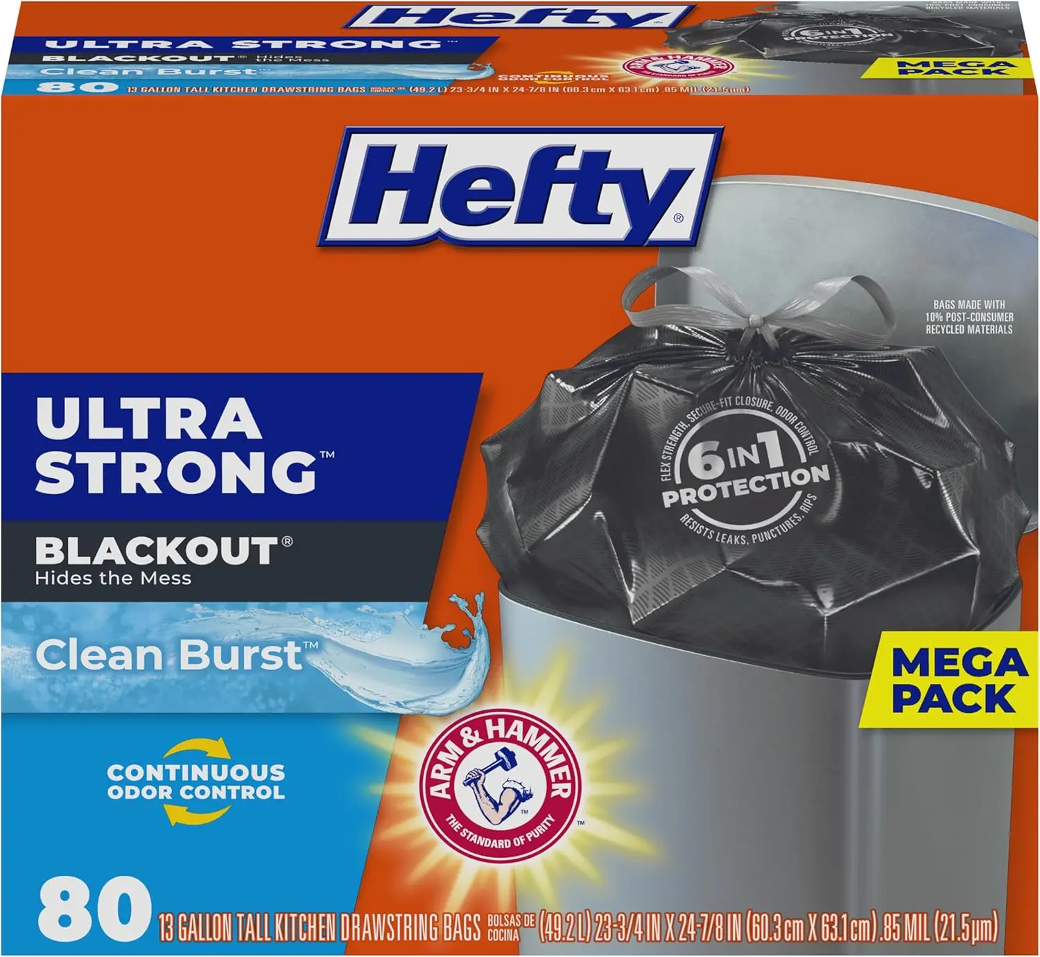 Ultra Strong 13 Gallon Black Trash Bags with Drawstring, Odor Control, 80 Count for Kitchen Use