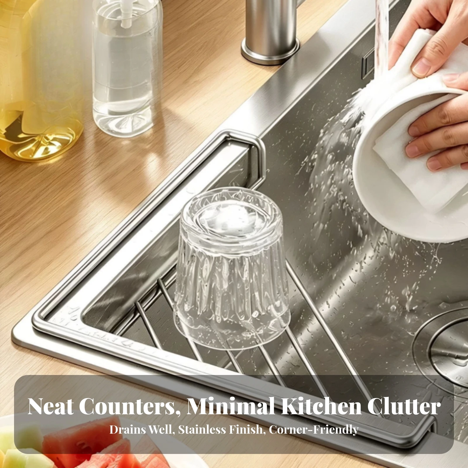 Triangular Sink Drain Rack Ventilated Stainless Steel Sink Rack with Drainage Rods Space-Saving Slim for Sponge Storage