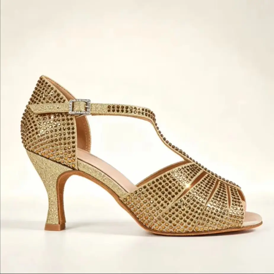 Evkoo Women's Gold Rhinestone Open Toe T-Strap Latin Dance Shoes Salsa Ballroom Suede Sole Sandals for Performance Dancing Party