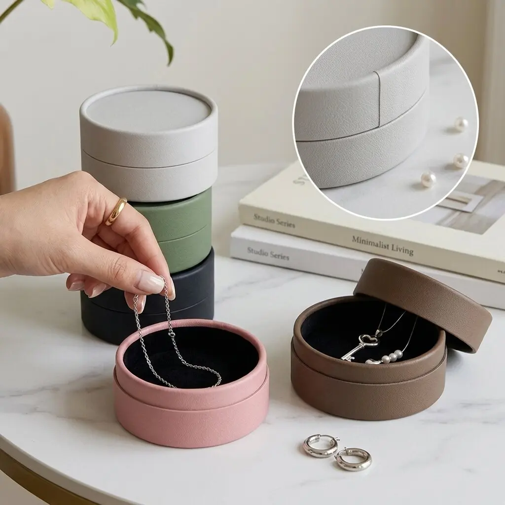 Elegant Round Jewelry Box Small Leather Portable Travel Ring Earring Necklace Holder Case Compact Velvet Storage Organizer