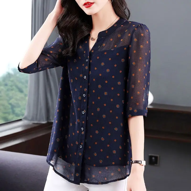 Women\'s Clothing Stylish Polka Dot Printed Blouse 2024 Summer Casual 3/4 Sleeve All-match Straight Elegant V-Neck Spliced Shirt