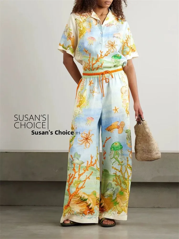 

Susan Australian Faion, льняной комплект с принтом океана, повседневный комплект из широких брюк, женский летний наряд, комплект из двух предметов, универсальный комплект