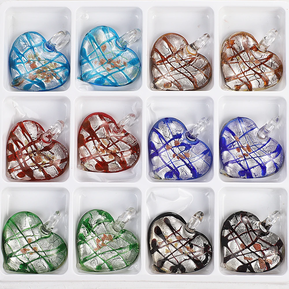 Qianbei Fashion Handmade Murano Lampwork Glass Mix Color Net Heart Pendants For Necklace Wholesale 6pcs