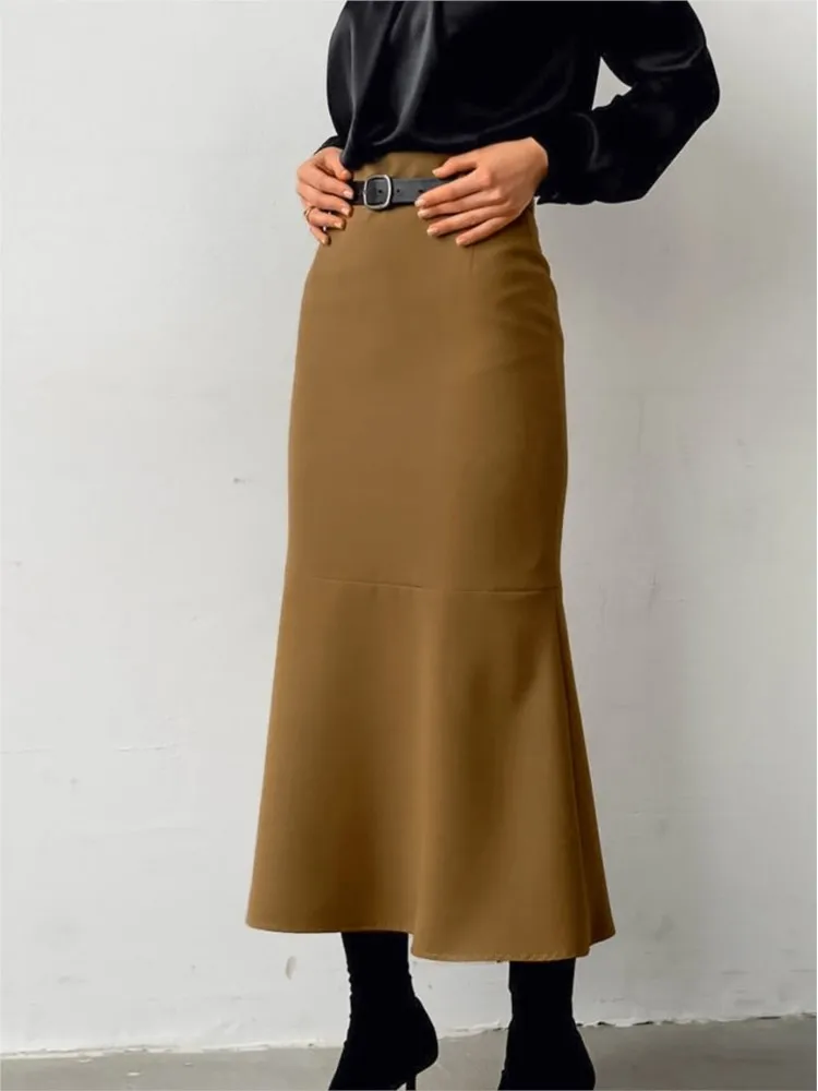 2024 New French Retro Brown Fishtail Skirts For Women Slim Long Skirt Autumn Winter High Waisted Party Evening Skirts Female