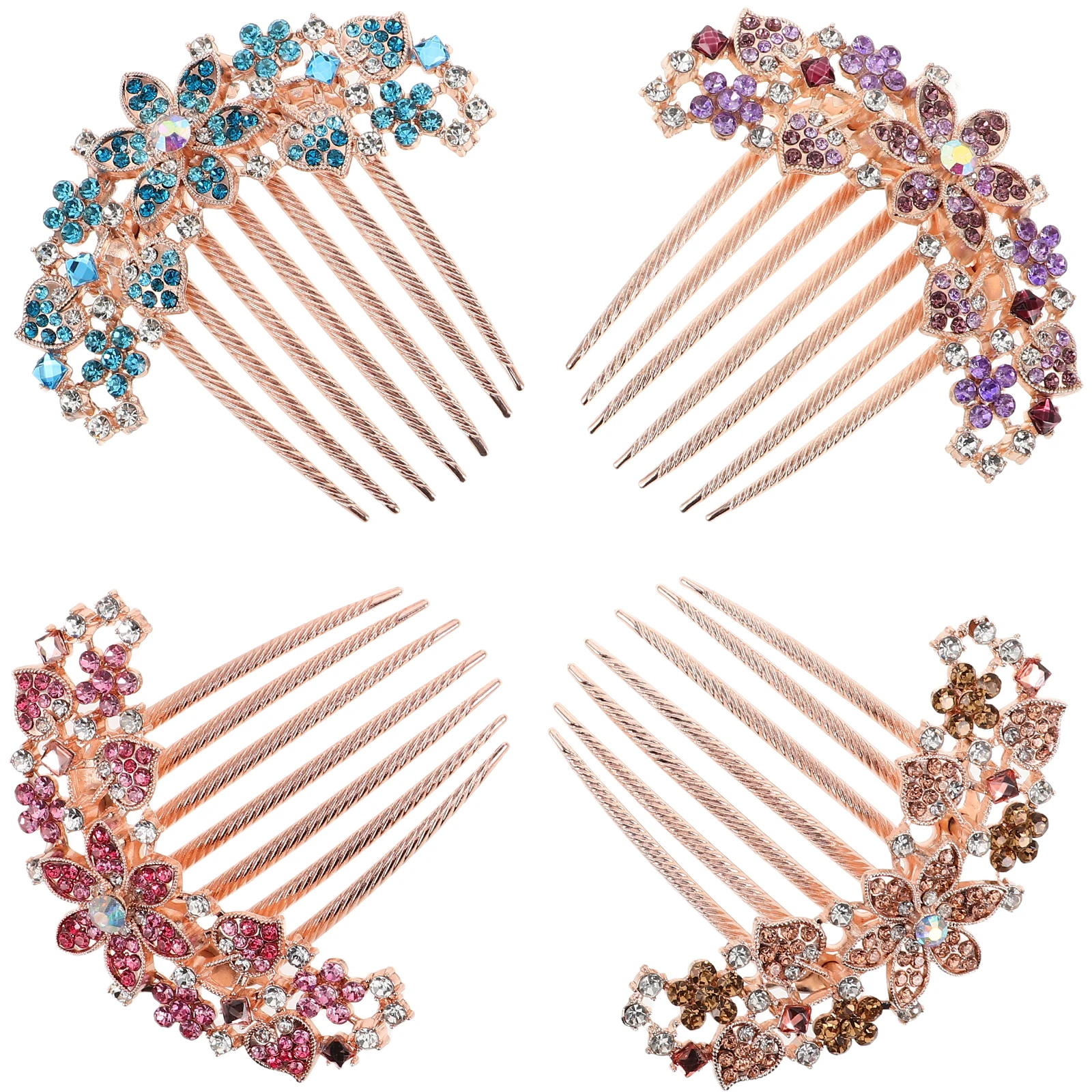 

4pcs Floral Rhinestone Hair Combs for Women Stylish Metal French Side Claw Accessories Bridal Bun Clips Party Wedding Wear