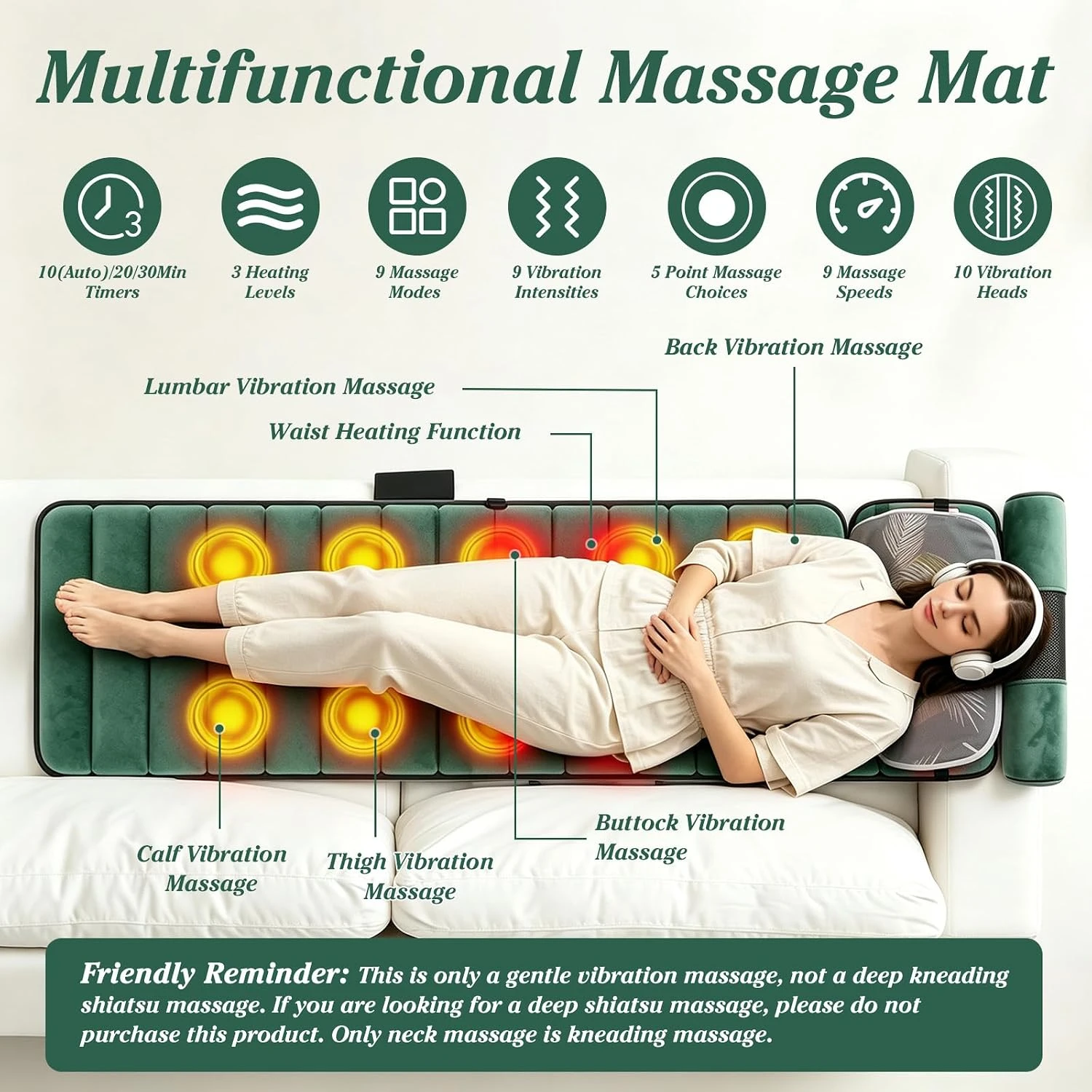 Multifunctional Full Body Massage Mat 10 Node Heated Chair Pad with Head & Foot Massager for Bed Sofa Desk Comfort Muscle Relaxation for Home Office Daily Use