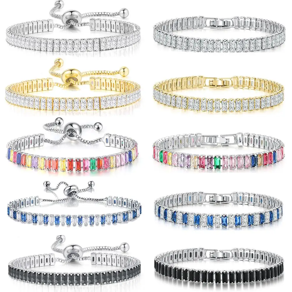 New 2.5x5mm Rectangle Crystal Tennis Bracelets Colorful Zircon Adjustable Folding Buckle Chain on Hand Classic Fashion Jewelry