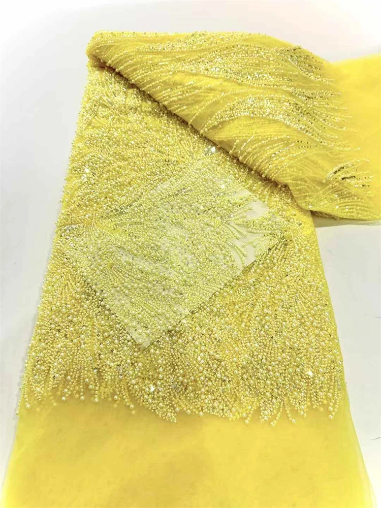 5 Yards High-end Heavy Beaded Fabric Latest African Luxury Sequins Groom Embroidery Fabric French Tulle Lace For Sewing Wedding