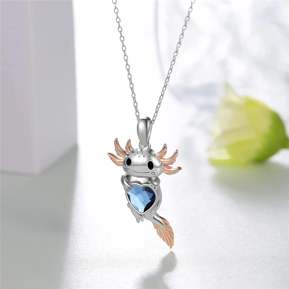 Exquisite Cute Cartoon Axolotl Holding Heart Pendant Necklace Animal Jewelry Fashion Girls Party Holiday Jewelry Decoration Gift