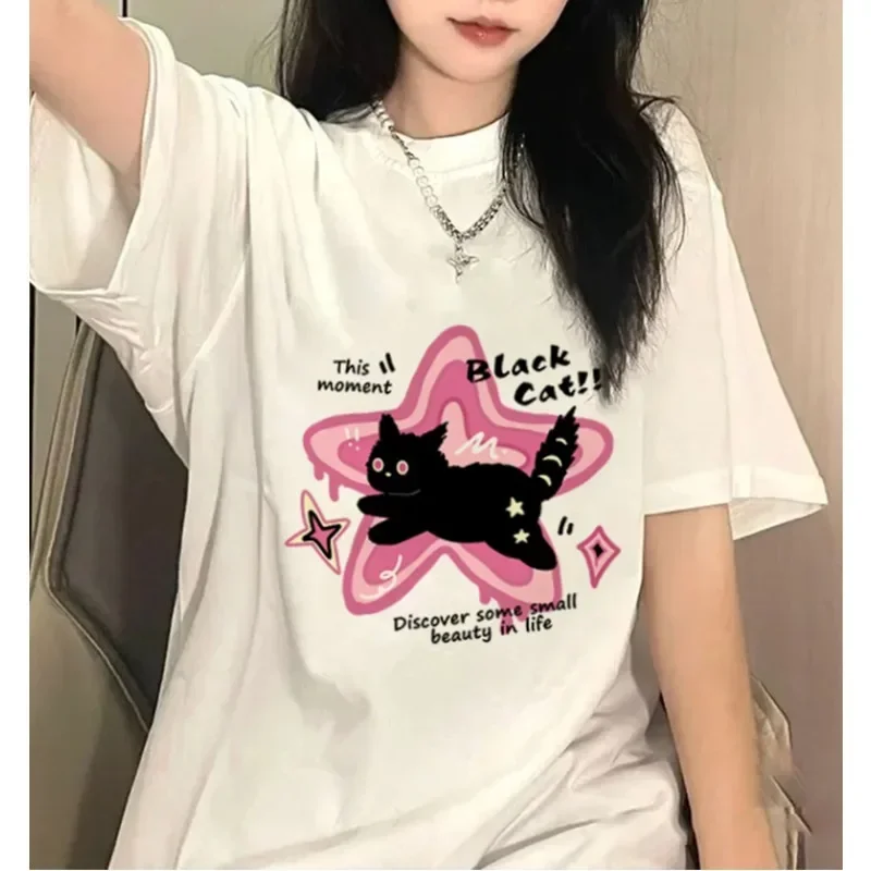 

American Cat Heavyweight Short Sleeve T-shirt for Women 2025 New Summer Trend Half Sleeves Fashion Brand Design Top Harajuku