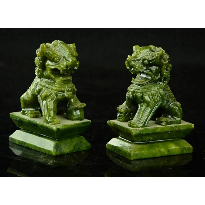 Rare Pair 100% China Natural Emerald Hand Carved Statue FO Dog Lion