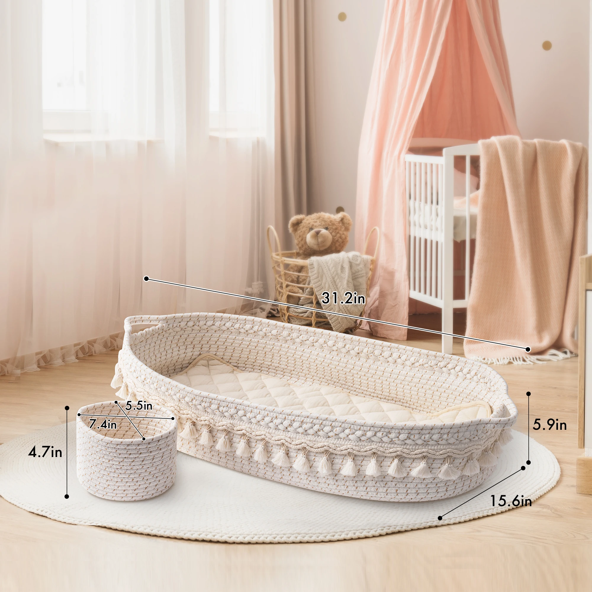 Baby Changing Basket, Handmade Woven Cotton Rope Moses Basket, Changing Table Topper with Mattress Pad(White&Brown)