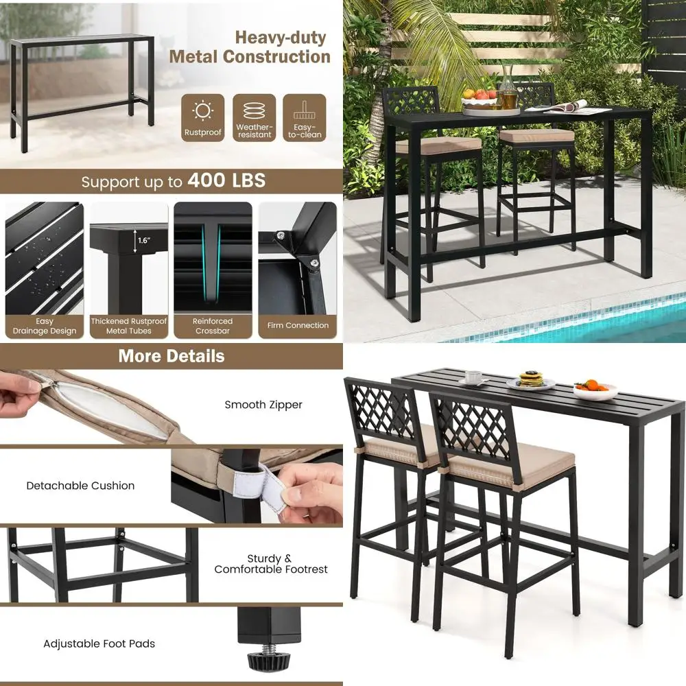 

Комплект из 3 предметов: уличный барный стол и стулья, барный стол высотой 55 дюймов и 2 мягких барных стула с ромбовидной спинкой, металлический комплект для патио