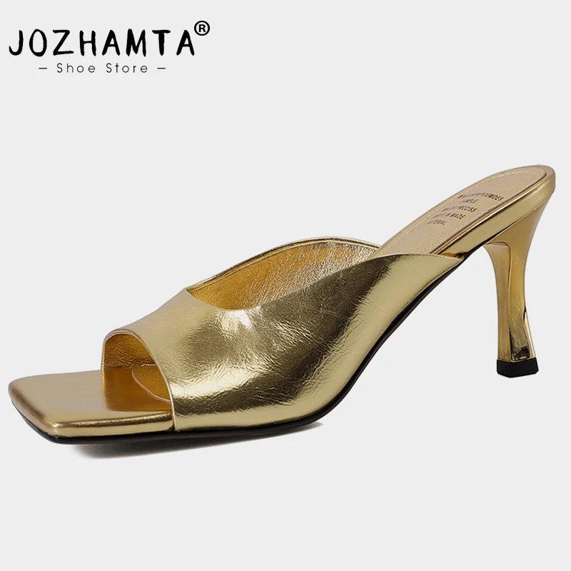 JOZHAMTA Size 33-41 Mules Sandals Women Genuine Leather Sexy High Heels Shoes For Women Summer 2023 Slippers Ins Heeled Sandals