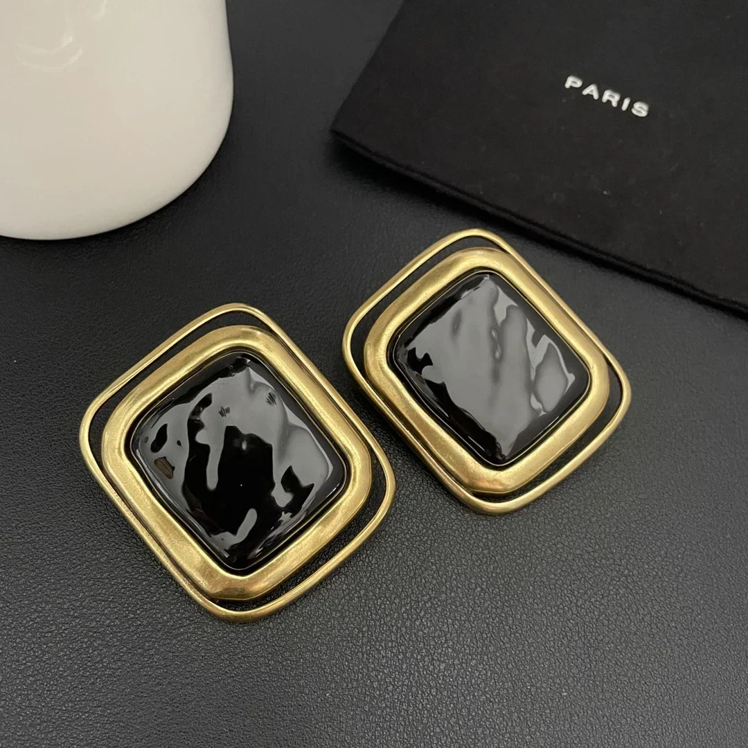 Famous Brand Square Black Large Earring Ear Clip Women Designer Luxury Jewelry Vintage